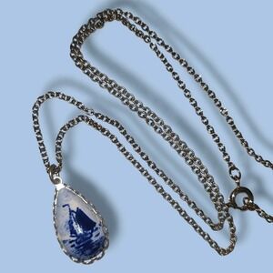 Vintage Blue White Ceramic Ship Boat Pendant Necklace Silver Tone 18"